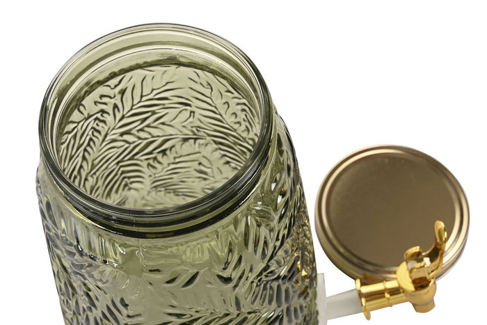 DKD Home Decor Dispensador Bebidas Tropical Cristal Metal Verde Dorado Hojas 19.3 x 36 x 19.3 cm