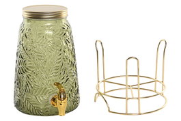 DKD Home Decor Dispensador Bebidas Tropical Cristal Metal Verde Dorado Hojas 19.3 x 36 x 19.3 cm