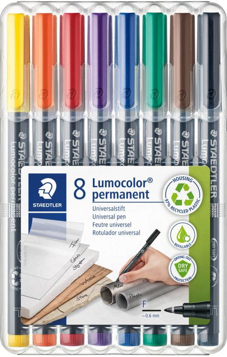 STAEDTLER Lumocolor F rotuladores permanentes surtidos, trazo 0,6 mm, 8 unidades