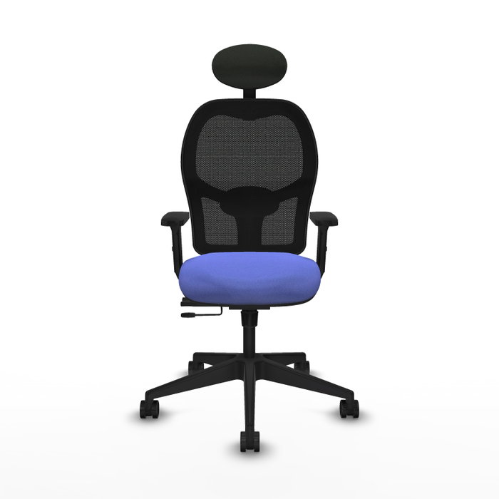 Silla de oficina Alocén con mecanismo Sincro/Traslack tapizada con Tela color Azul claro y malla color Negro. Equipada con lumbar 1D, Brazos 2D, Cabecero Fijo y Ruedas 65mm nailon