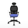 Silla de oficina Alocén con mecanismo Sincro/Traslack tapizada con Tela color Azul claro y malla color Negro. Equipada con lumbar 1D, Brazos 2D, Cabecero Fijo y Ruedas 65mm nailon