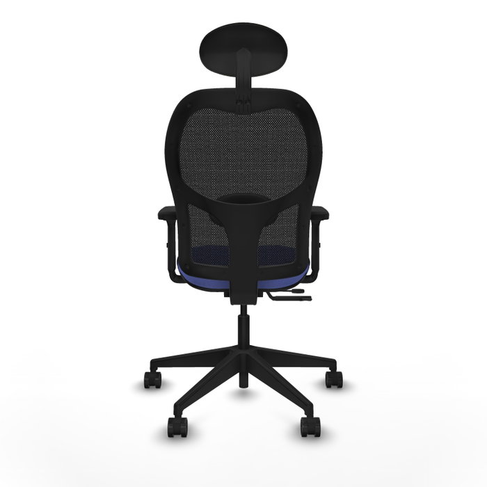 Silla de oficina Alocén con mecanismo Sincro/Traslack tapizada con Tela color Azul claro y malla color Negro. Equipada con lumbar 1D, Brazos 2D, Cabecero Fijo y Ruedas 65mm nailon