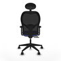 Silla de oficina Alocén con mecanismo Sincro/Traslack tapizada con Tela color Azul claro y malla color Negro. Equipada con lumbar 1D, Brazos 2D, Cabecero Fijo y Ruedas 65mm nailon