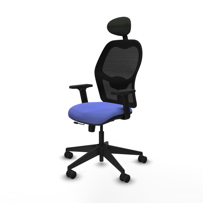 Silla de oficina Alocén con mecanismo Sincro/Traslack tapizada con Tela color Azul claro y malla color Negro. Equipada con lumbar 1D, Brazos 2D, Cabecero Fijo y Ruedas 65mm nailon