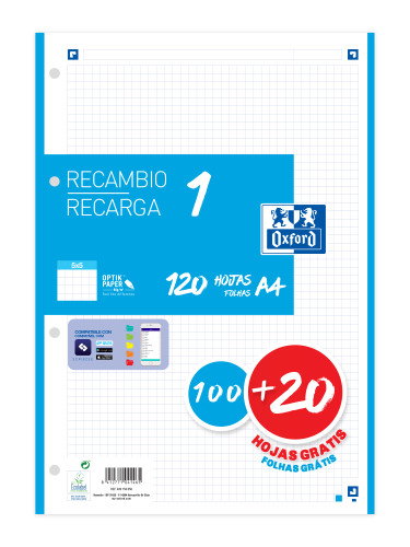 Oxford Recambio Classic A4 120 Hojas 90g Banda Azul Turquesa