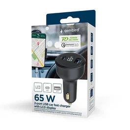 Gembird TA-UC-AC2PD65LCD-CAR-01 Cargador Coche USB C de 65W PD y USB A 18W QC 3.0 con Pantalla LCD - Carga Rápida Universal para Auto, Negro