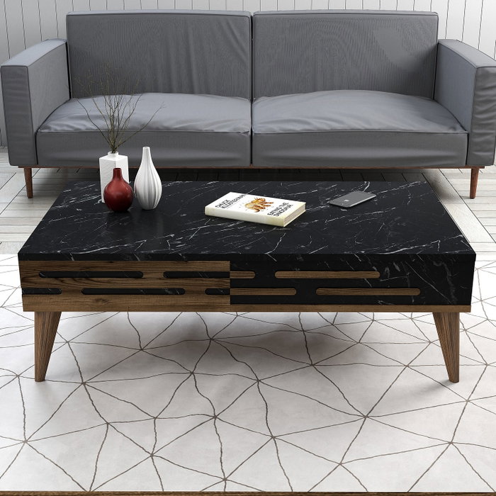 Hanah Home Valensiya 140 Conjunto Muebles Salón Soporte TV Estante Mesa Centro Nogal Negro Mármol