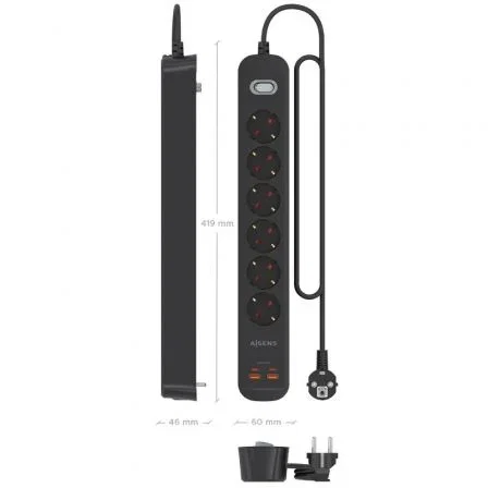 AISENS Regleta Multifunción ASPS-2A2C17-BK con 6 Tomas Schuko, Cargador 20W PD3.0 QC3.0 (2 USB-C + 2 USB-A), Interruptor LED, Cable 1.4m, Negro