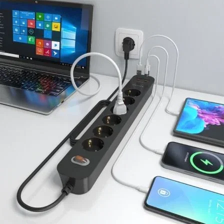 AISENS Regleta Multifunción ASPS-2A2C17-BK con 6 Tomas Schuko, Cargador 20W PD3.0 QC3.0 (2 USB-C + 2 USB-A), Interruptor LED, Cable 1.4m, Negro