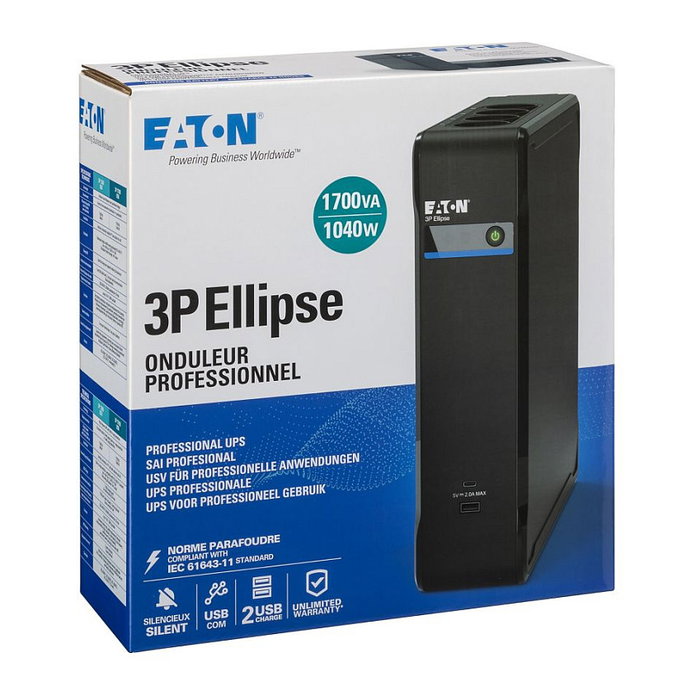 Eaton SAI UPS 3P Ellipse 1700, 1700VA/1040W, Offline/Standby, 8 Salidas AC, USB, Protección Sobrecarga, 0-40°C, Negro