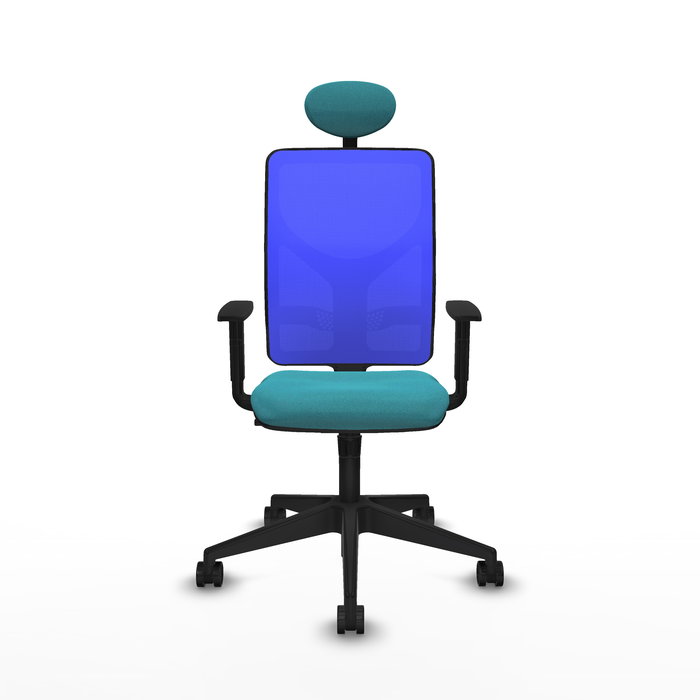 Silla de oficina Motilla con mecanismo Sincro tapizada con Tela color Turquesa y malla color Azul. Equipada con lumbar 1D, Brazos 1D, Cabecero Fijo y Ruedas 65mm nailon