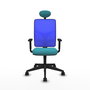 Silla de oficina Motilla con mecanismo Sincro tapizada con Tela color Turquesa y malla color Azul. Equipada con lumbar 1D, Brazos 1D, Cabecero Fijo y Ruedas 65mm nailon