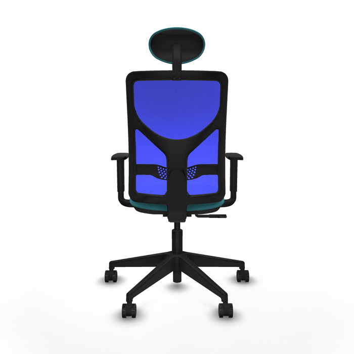 Silla de oficina Motilla con mecanismo Sincro tapizada con Tela color Turquesa y malla color Azul. Equipada con lumbar 1D, Brazos 1D, Cabecero Fijo y Ruedas 65mm nailon