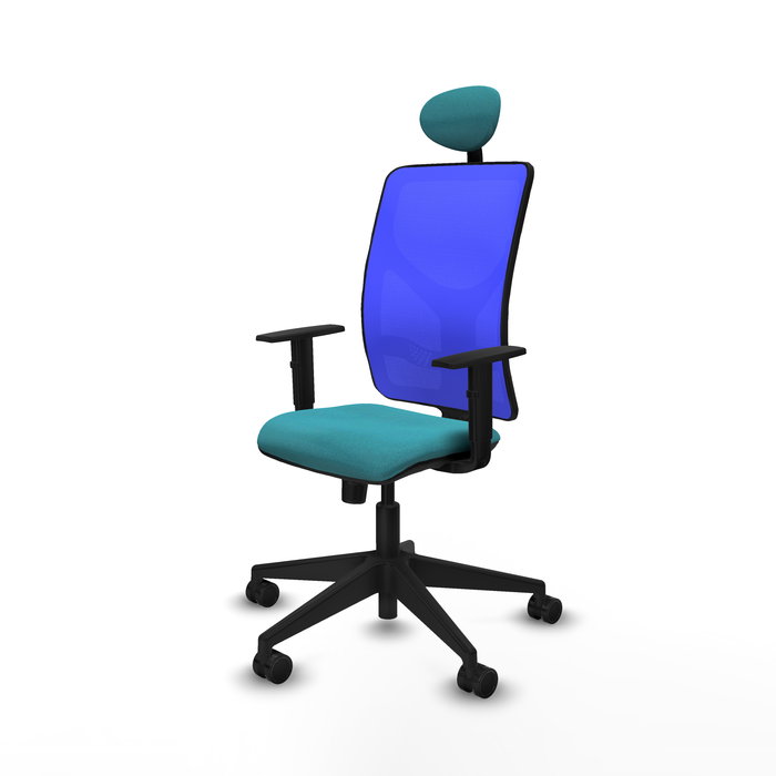 Silla de oficina Motilla con mecanismo Sincro tapizada con Tela color Turquesa y malla color Azul. Equipada con lumbar 1D, Brazos 1D, Cabecero Fijo y Ruedas 65mm nailon