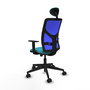 Silla de oficina Motilla con mecanismo Sincro tapizada con Tela color Turquesa y malla color Azul. Equipada con lumbar 1D, Brazos 1D, Cabecero Fijo y Ruedas 65mm nailon