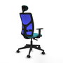 Silla de oficina Motilla con mecanismo Sincro tapizada con Tela color Turquesa y malla color Azul. Equipada con lumbar 1D, Brazos 1D, Cabecero Fijo y Ruedas 65mm nailon