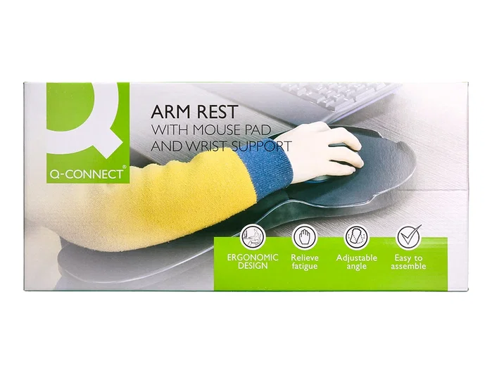 Q-connect Reposabrazos Ergonómico con Alfombrilla de Ratón y Apoyo de Muñeca Color Negro 220x140x480 mm
