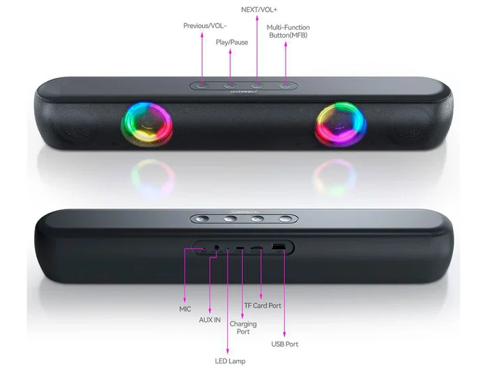 Q-connect Barra de Sonido Bluetooth con Iluminación LED y Control de Volumen, Potencia 2x5W, Color Negro