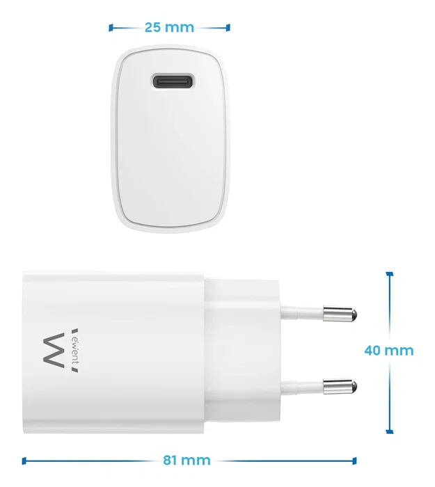 Ewent EW1320_R1 Cargador USB-C 20W Carga Rápida PD 3.0 PPS Blanco Compatible con iPhone 15/14 y Android GaN Compacto