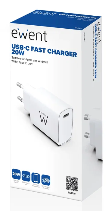 Ewent EW1320_R1 Cargador USB-C 20W Carga Rápida PD 3.0 PPS Blanco Compatible con iPhone 15/14 y Android GaN Compacto