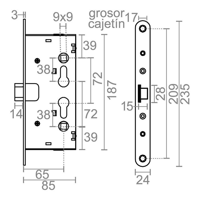 Micel Cerradura embutir antipánico cre02 para cilindro perfil europeo 65mm x 72mm, zincado, para puerta cortafuegos