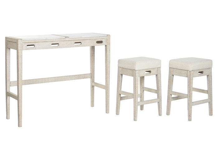 DKD Home Decor Barra Cocina Moderno Natural Blanco Mango y Mármol 40 x 96 x 112 cm Set de 3 Taburetes