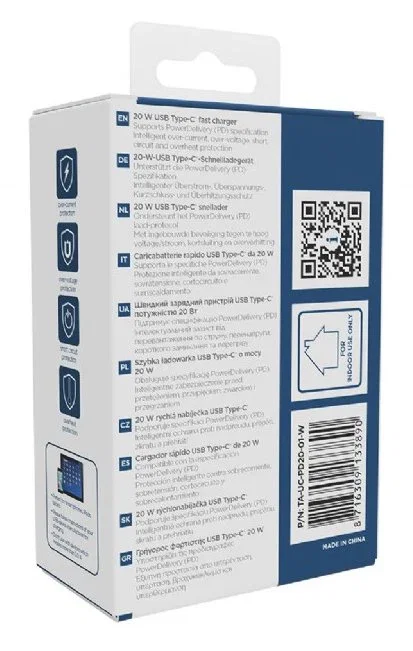 Gembird TA-UC-PD20-01-W - Cargador rápido USB tipo C 20W Power Delivery (PD) para smartphones, color blanco