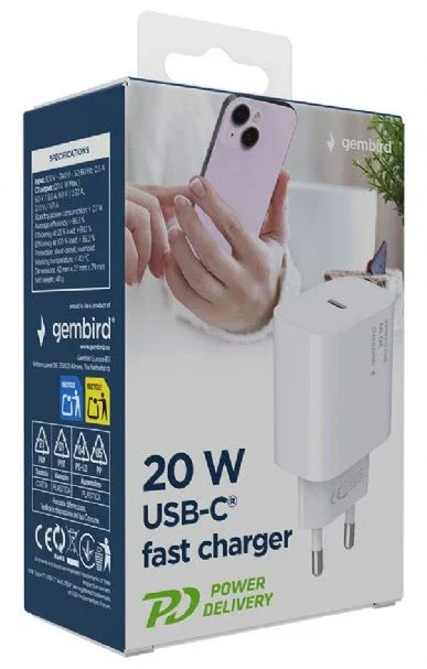 Gembird TA-UC-PD20-01-W - Cargador rápido USB tipo C 20W Power Delivery (PD) para smartphones, color blanco