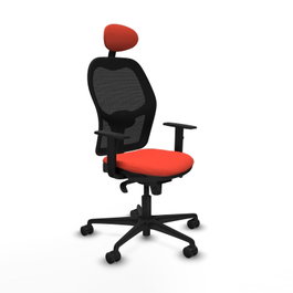 Silla de oficina Jorquera con mecanismo Sincro tapizada con Tela color Naranja oscuro y malla color Negro. Equipada con lumbar 1D, Brazos 1D, Cabecero Fijo y Ruedas 65mm nailon