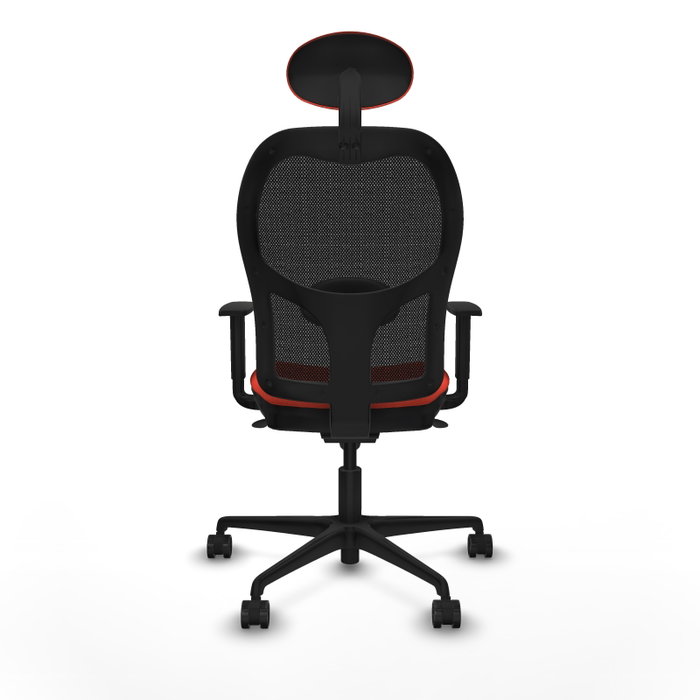 Silla de oficina Jorquera con mecanismo Sincro tapizada con Tela color Naranja oscuro y malla color Negro. Equipada con lumbar 1D, Brazos 1D, Cabecero Fijo y Ruedas 65mm nailon