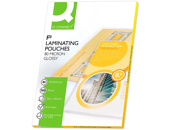 Q-connect Bolsa de plastificar 325 x 220 mm 80 mc folio, caja de 100 unidades