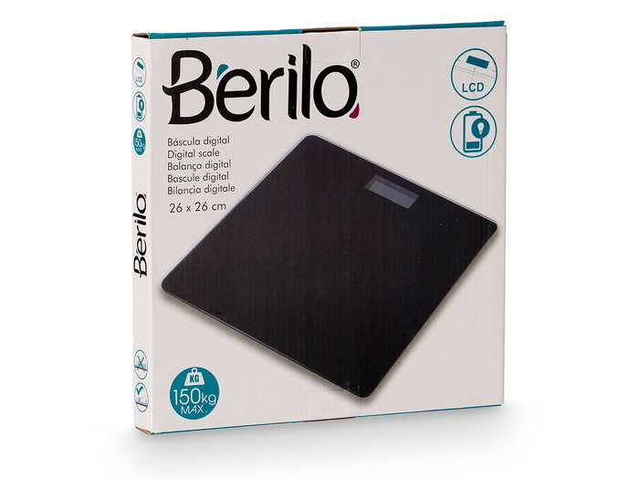 Báscula Digital Berilo Negra 26 x 26 x 2 cm, Vidrio, Hasta 150KG, KG/LB/ST, 2xAAA (Set de 10)