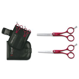 Tres Claveles Juego de Tijeras de Peluquería Corte y Esculpir Dur Roja 5.5" Acero Inoxidable Filo Suave con Estuche y Cinturón