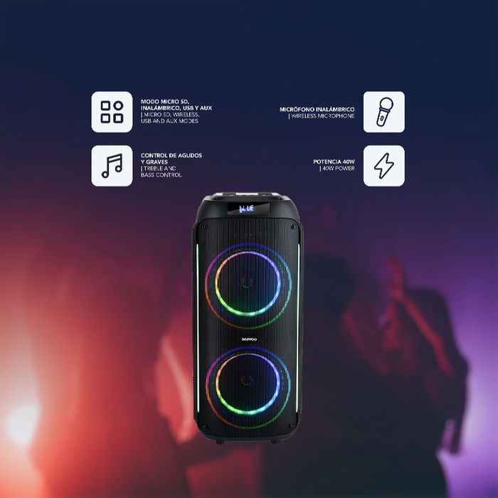Daewoo Altavoz Party Speaker Bluetooth 40W (350W PMPO) con Microfono Inalambrico, AUX, USB, SD