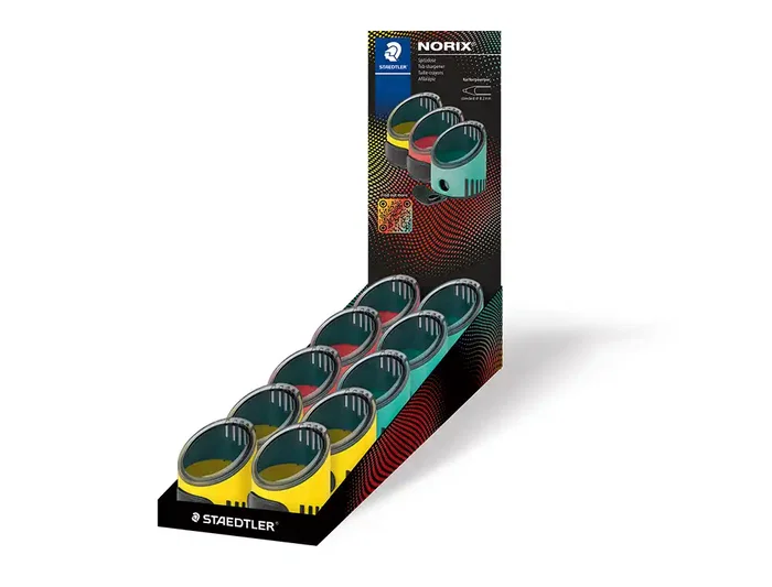 Staedtler Sacapuntas Norix Metálico para lápices de 8.2 mm con depósito transparente y tapa de seguridad - Caja de 10 unidades en colores surtidos