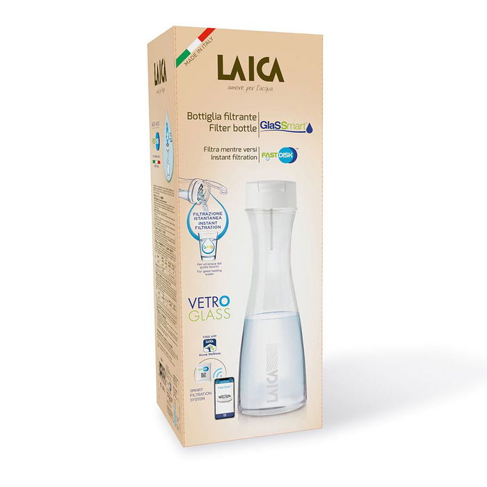 Laica Botella Filtración Instantánea de Vidrio 1L con 1 Filtro, Cristal Resistente con Tapa Higiénica Anti-Olores