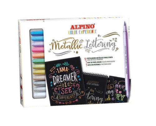 Alpino Set Metallic Lettering Color Experience con 12 Rotuladores Doble Punta y Bloc