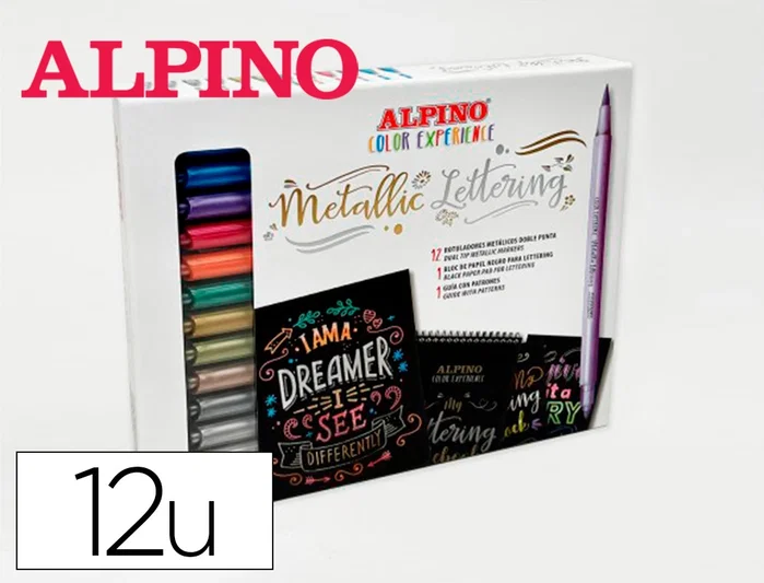 Alpino Set Metallic Lettering Color Experience con 12 Rotuladores Doble Punta y Bloc