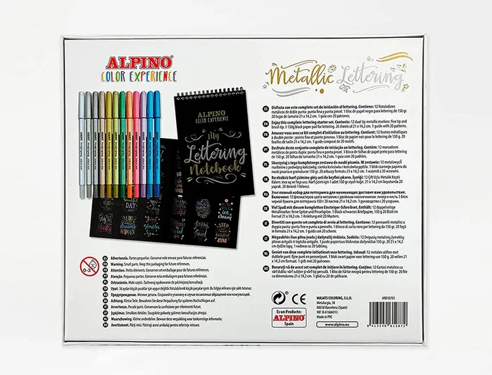 Alpino Set Metallic Lettering Color Experience con 12 Rotuladores Doble Punta y Bloc