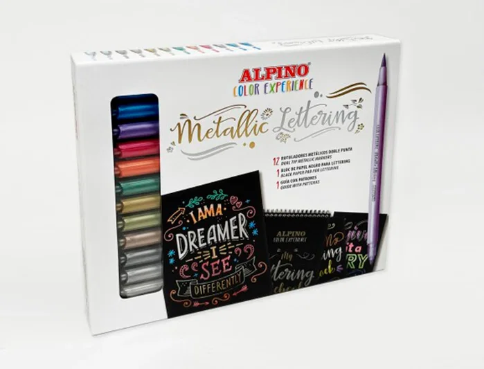 Alpino Set Metallic Lettering Color Experience con 12 Rotuladores Doble Punta y Bloc