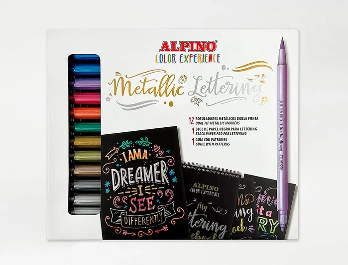 Alpino Set Metallic Lettering Color Experience con 12 Rotuladores Doble Punta y Bloc