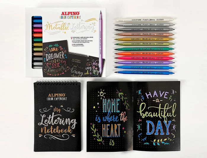 Alpino Set Metallic Lettering Color Experience con 12 Rotuladores Doble Punta y Bloc