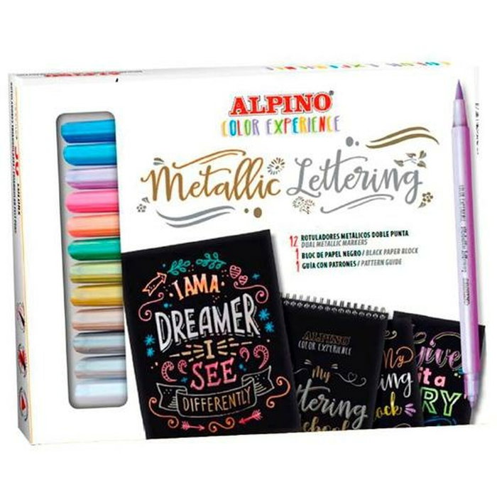 Alpino Set Metallic Lettering Color Experience con 12 Rotuladores Doble Punta y Bloc