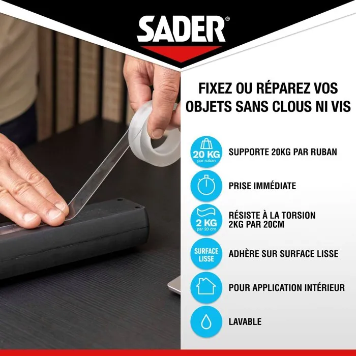 Sader AAAVH54998 Adhesivo Extra Fuerte de Doble Cara Transparente para Fijación sin Taladrar, Removible y Reutilizable, Rollo de 1,5 m x 19 mm