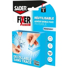 Sader AAAVH54998 Adhesivo Extra Fuerte de Doble Cara Transparente para Fijación sin Taladrar, Removible y Reutilizable, Rollo de 1,5 m x 19 mm