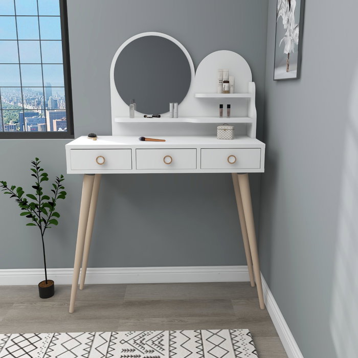 Hanah Home Mesa de Maquillaje Blanca con Espejo, 74 cm Ancho x 35 cm Profundidad x 130.8 cm Alto