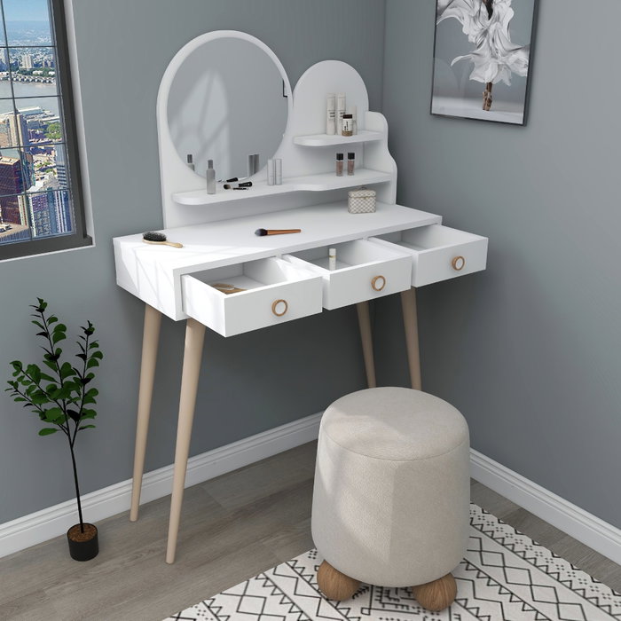 Hanah Home Mesa de Maquillaje Blanca con Espejo, 74 cm Ancho x 35 cm Profundidad x 130.8 cm Alto
