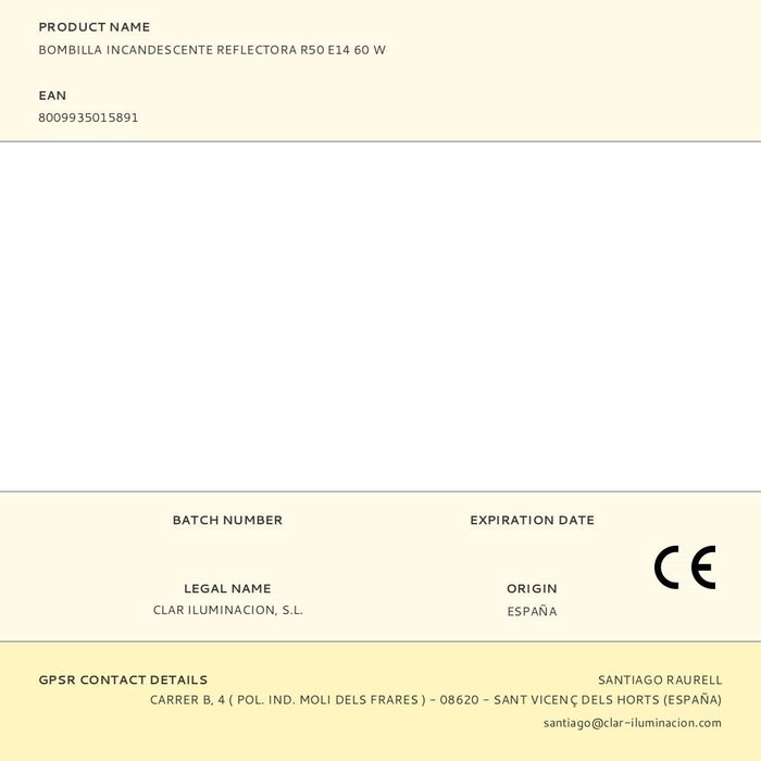 Clar Iluminación Bombilla Incandescente Reflectora R50 E14 60W Luz Cálida 2700K 450lm 220-240V Dimmable 1000h