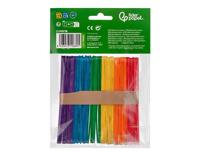 Liderpapel Palitos de Madera para Manualidades Colores Surtidos 11,4x1 cm Bolsa 50 Unidades