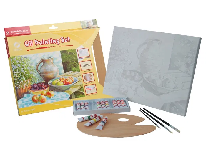 Liderpapel Set de Pintura al Óleo con Lienzo 30x40 cm, Paleta de Madera, 3 Pinceles y 12 Tubos de 12 ml